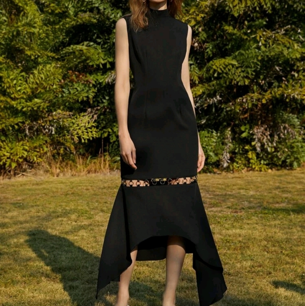 New Black Asymmetrical Hem Zip Back Dress